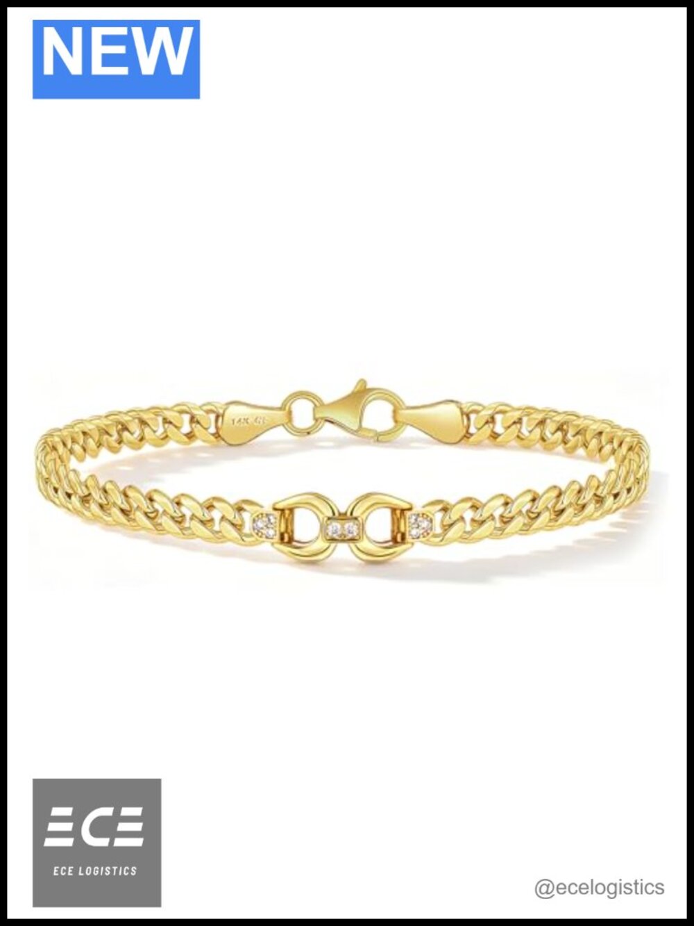 14K Gold Cuban Link Bracelet 4mm Hypoallergenic CZ Accent Double Horseshoe Charm